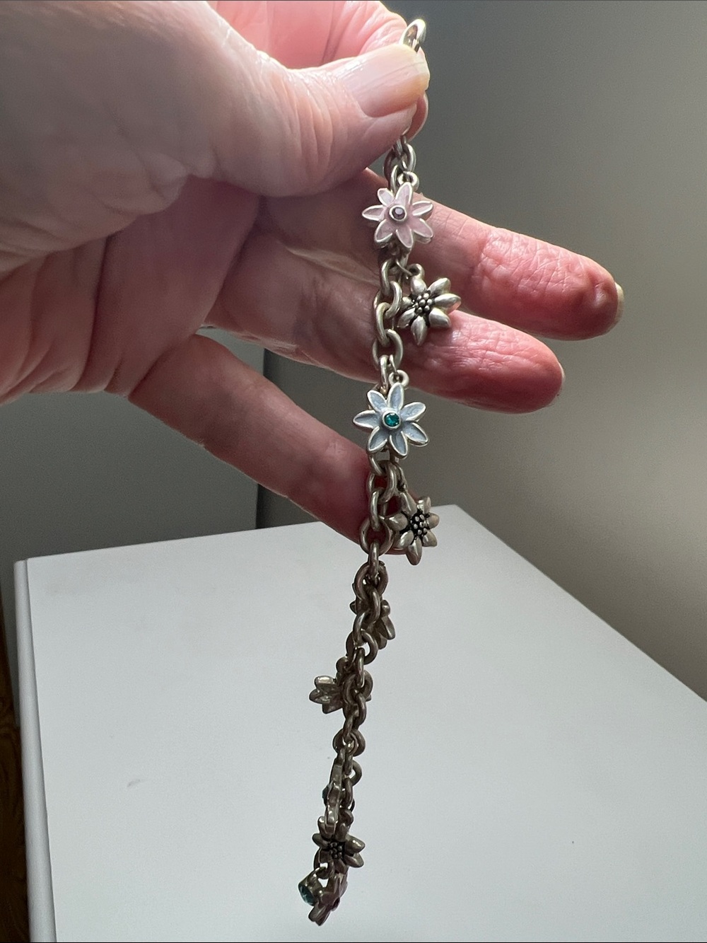 Silver Flower Charm Bracelet with Blues, Green and Pink Flower Accents
